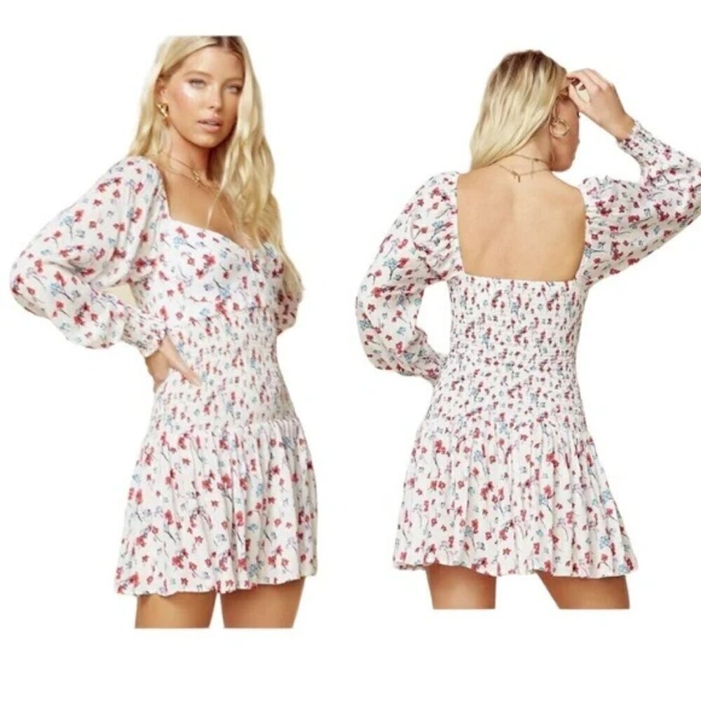 Blue Life Sasha Floral Long Sleeve Mini Dress Smocked Size M